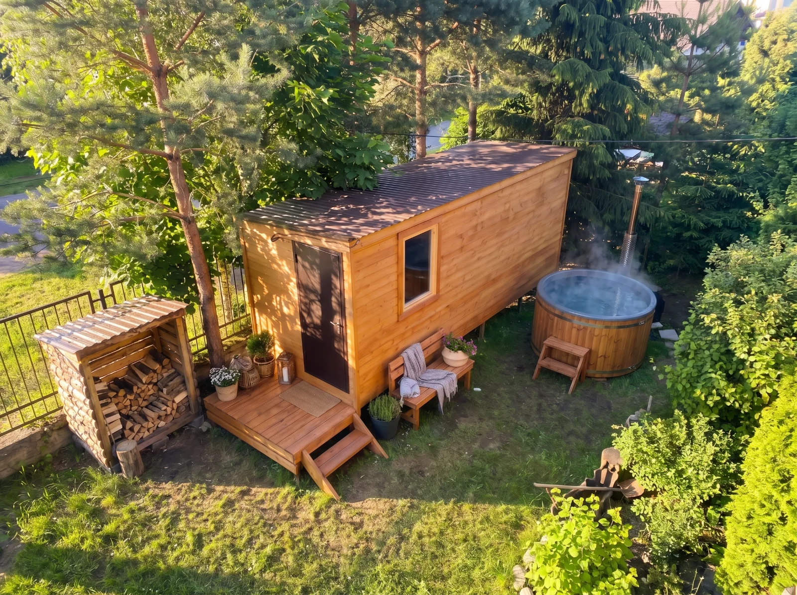Баня Оптима 6 × 2,4 с высоты: купель и дровник рядом
