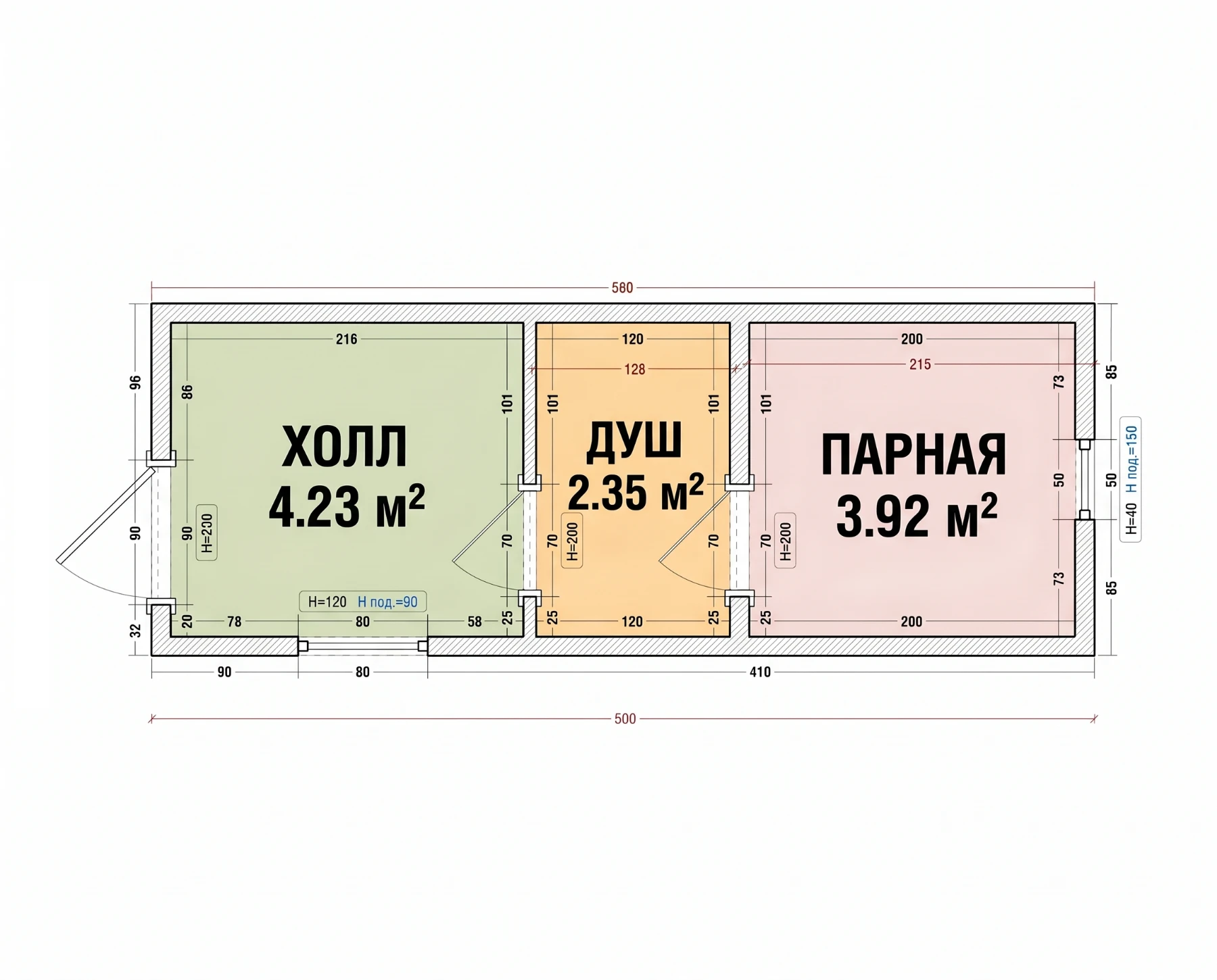 Схема бани Оптима 6 × 2,4 с площадями: холл 4,2 м², душ 2,4 м², парная 3,9 м²