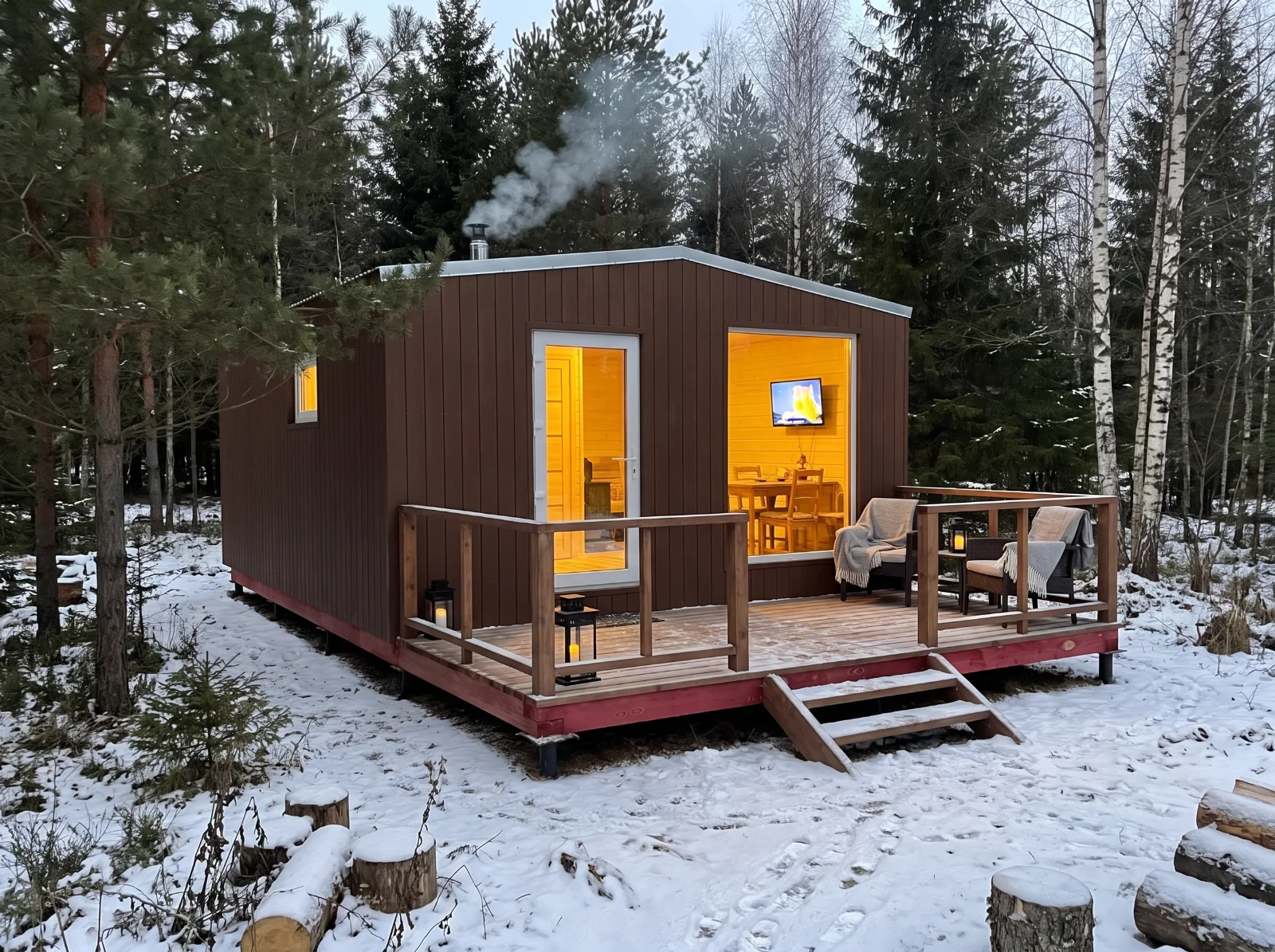 Баня Оптима 6 × 4,8 м зимой в лесу: дым из трубы и свет в панорамном окне