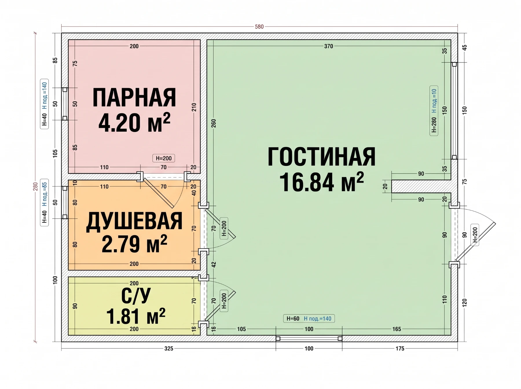 Схема бани Оптима 6 × 4,8 с площадями: гостиная 16,8 м², парная 4,2 м², душевая 2,8 м², санузел 1,8 м²