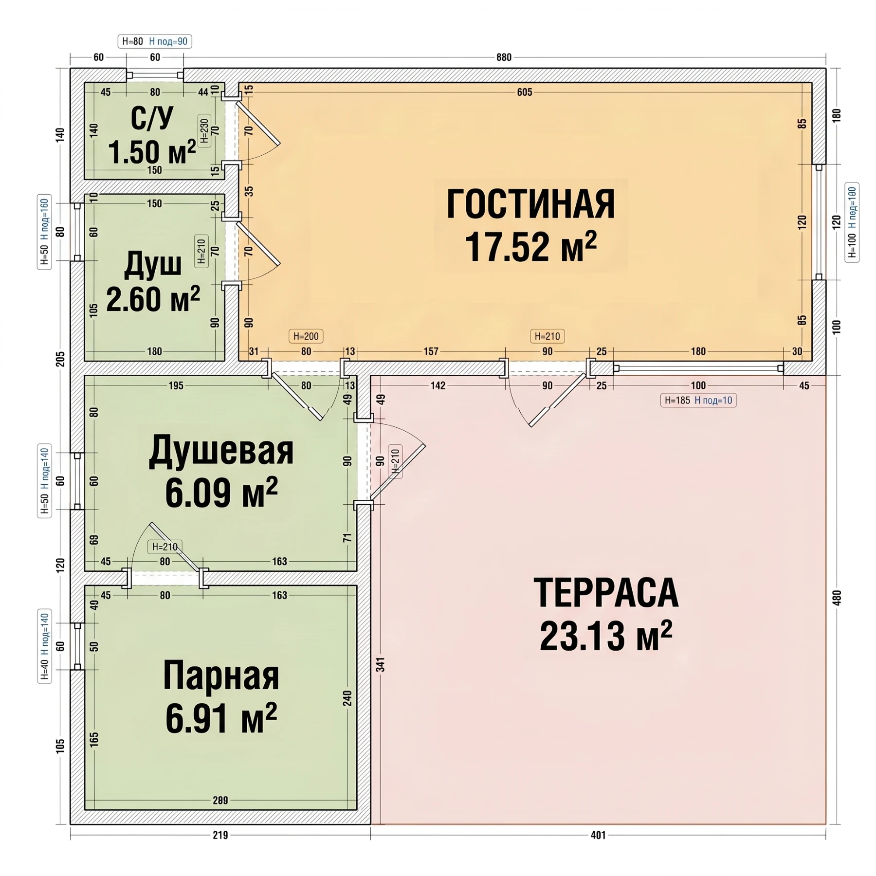 Схема угловой бани премиум 8 × 8 с площадями: гостиная 17,5 м², парная 6,9 м², душевая 6,1 м², душ 2,6 м², санузел 1,5 м², терраса 23,1 м²