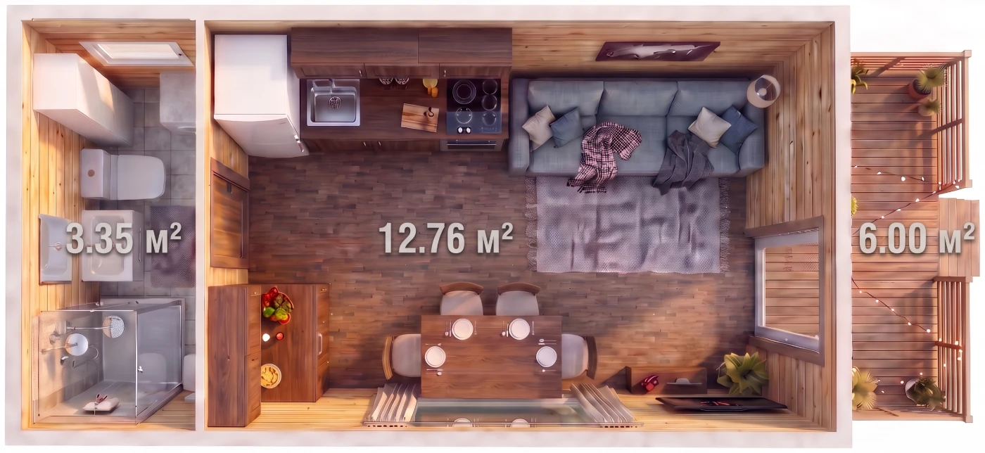 Планировка модульного дома Честер 24: комната 12,8 м², санузел 3,4 м² и терраса 6 м², вид сверху