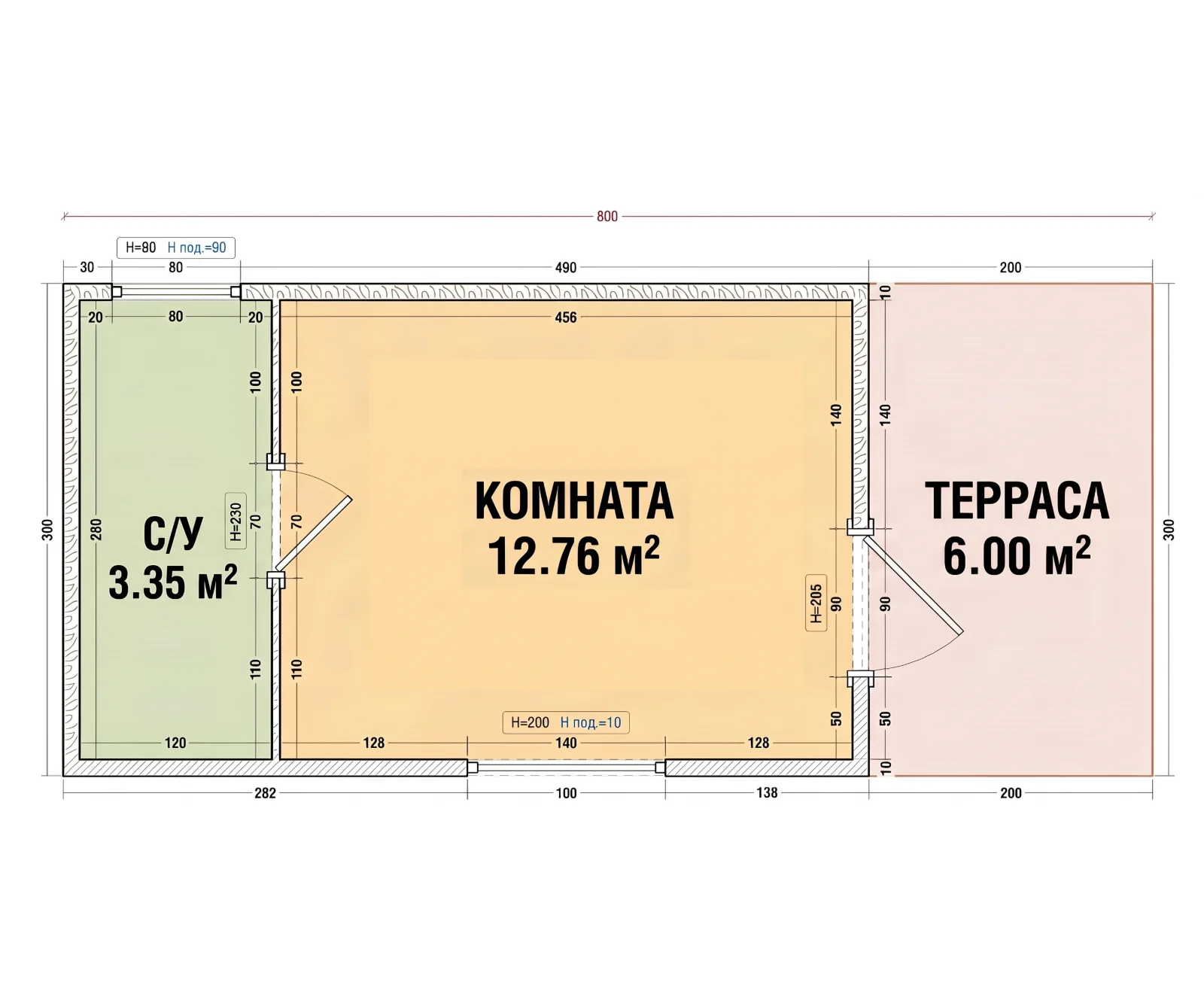 Схема Честер 24 с площадями: комната 12,8 м², санузел 3,4 м², терраса 6 м², габариты 8 × 3 м