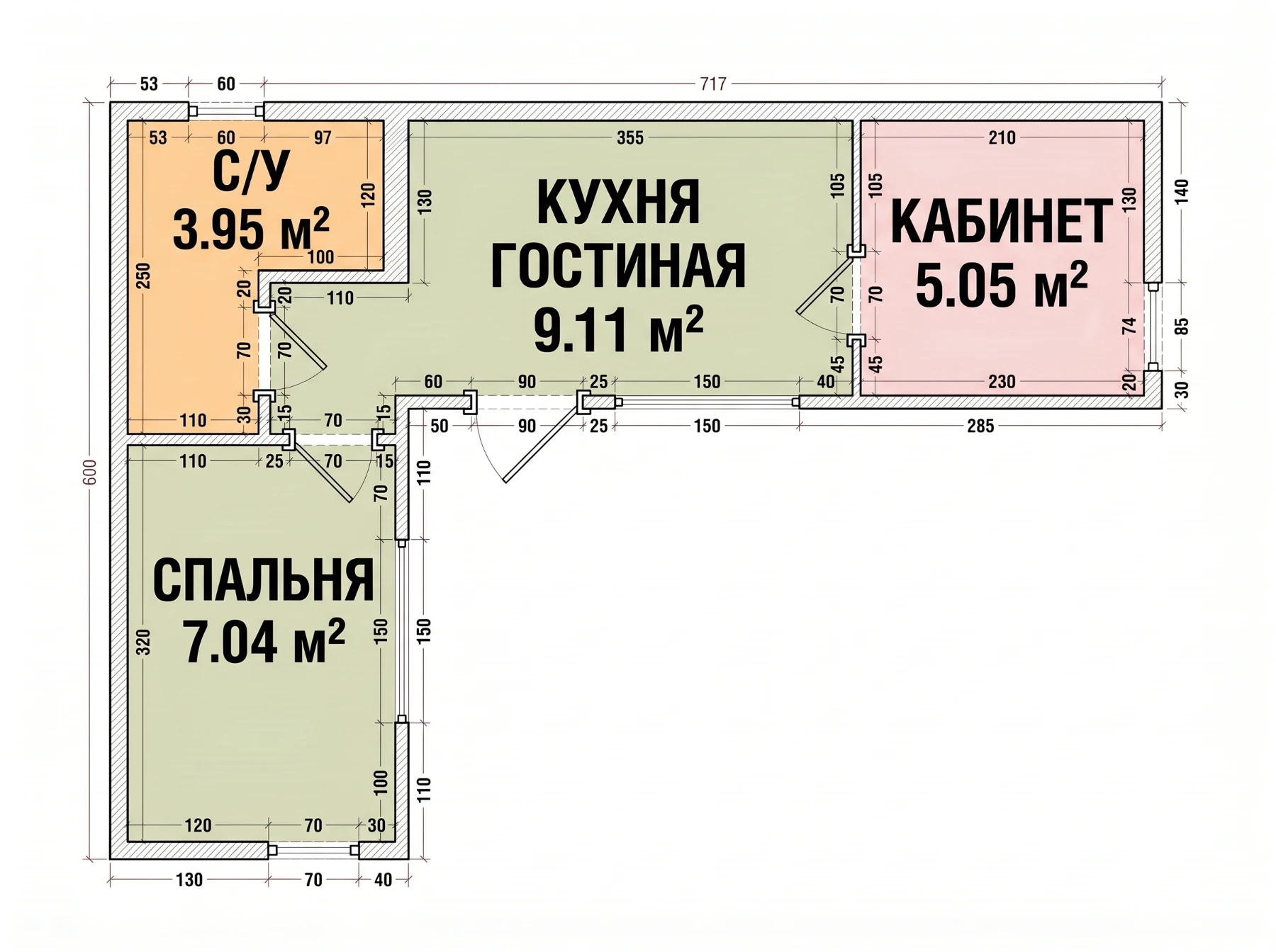 Схема Честер 28 с площадями: кухня-гостиная 9,1 м², спальня 7 м², кабинет 5,1 м², санузел 4 м²