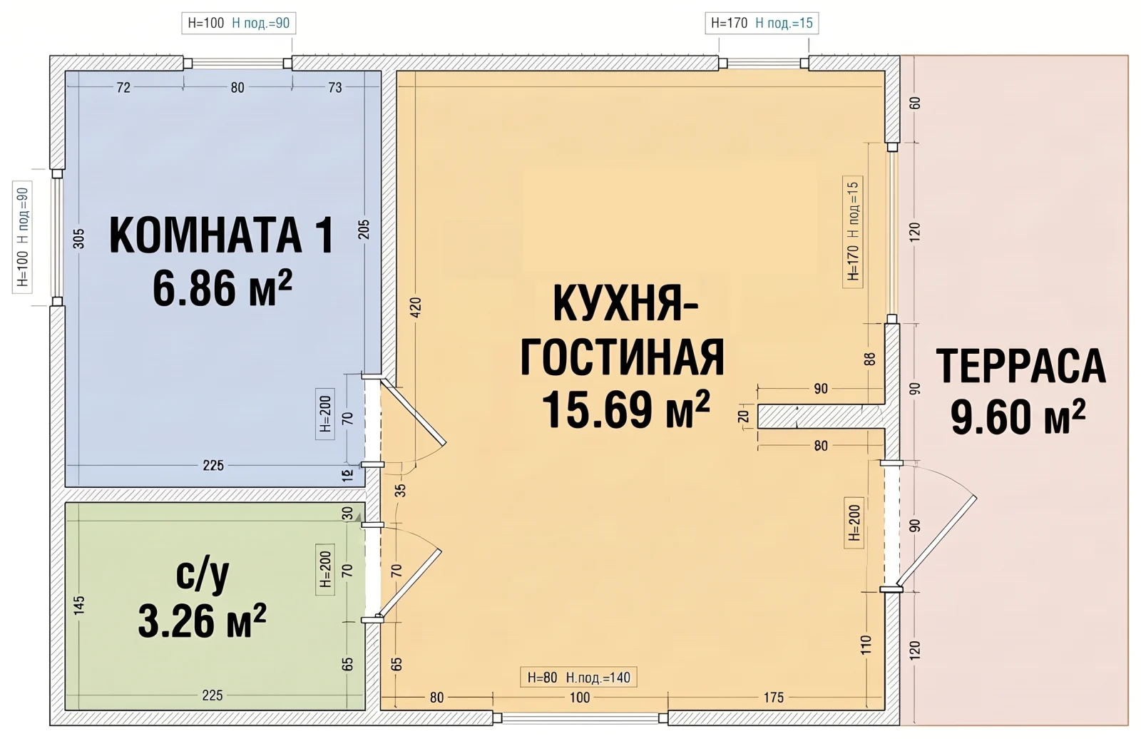 Чертёж Честер 40: комната 6,86 м², кухня-гостиная 15,69 м², санузел 3,26 м², терраса 9,6 м²