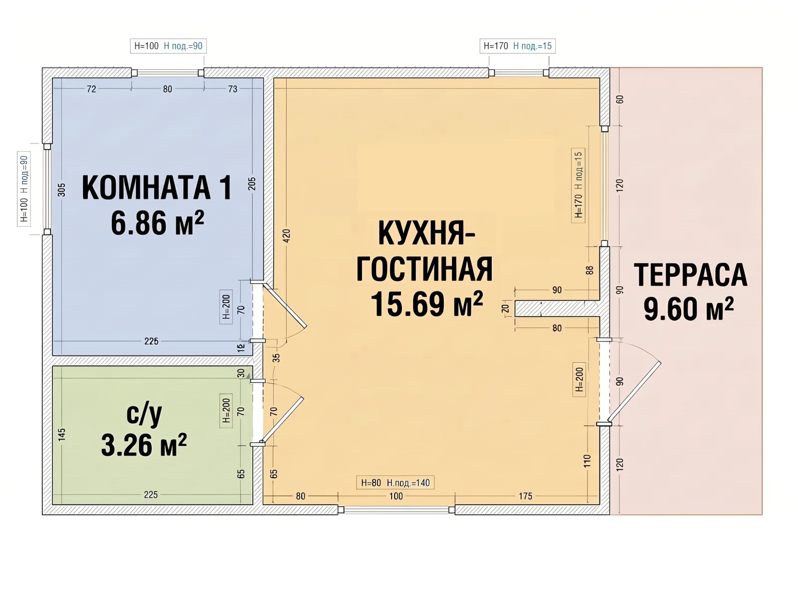 Схема Честер 40 с площадями: комната 6,9 м², кухня-гостиная 15,7 м², санузел 3,3 м², терраса 9,6 м²