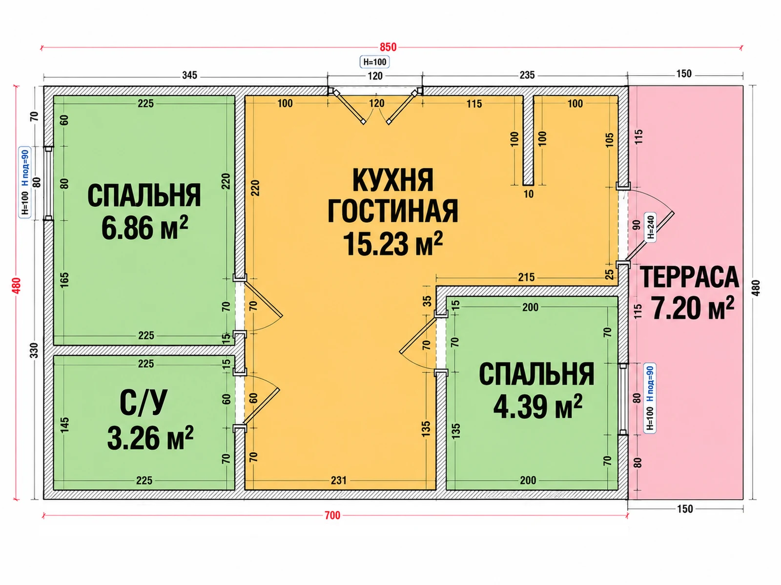 Вторая планировка Честер 45: две спальни, кухня-гостиная 15,2 м², терраса 7,2 м²