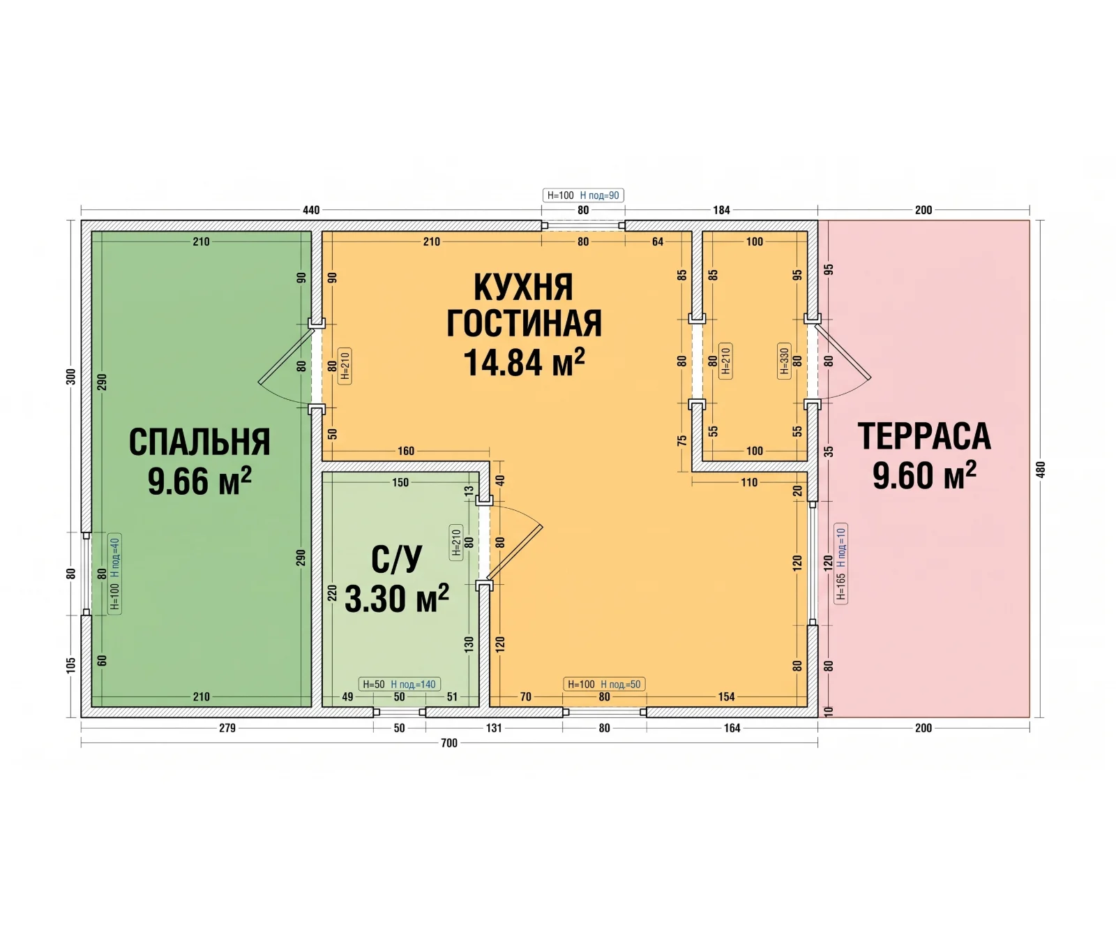 Схема Честер 45 с площадями: спальня 9,7 м², кухня-гостиная 14,8 м², санузел 3,3 м², терраса 9,6 м²