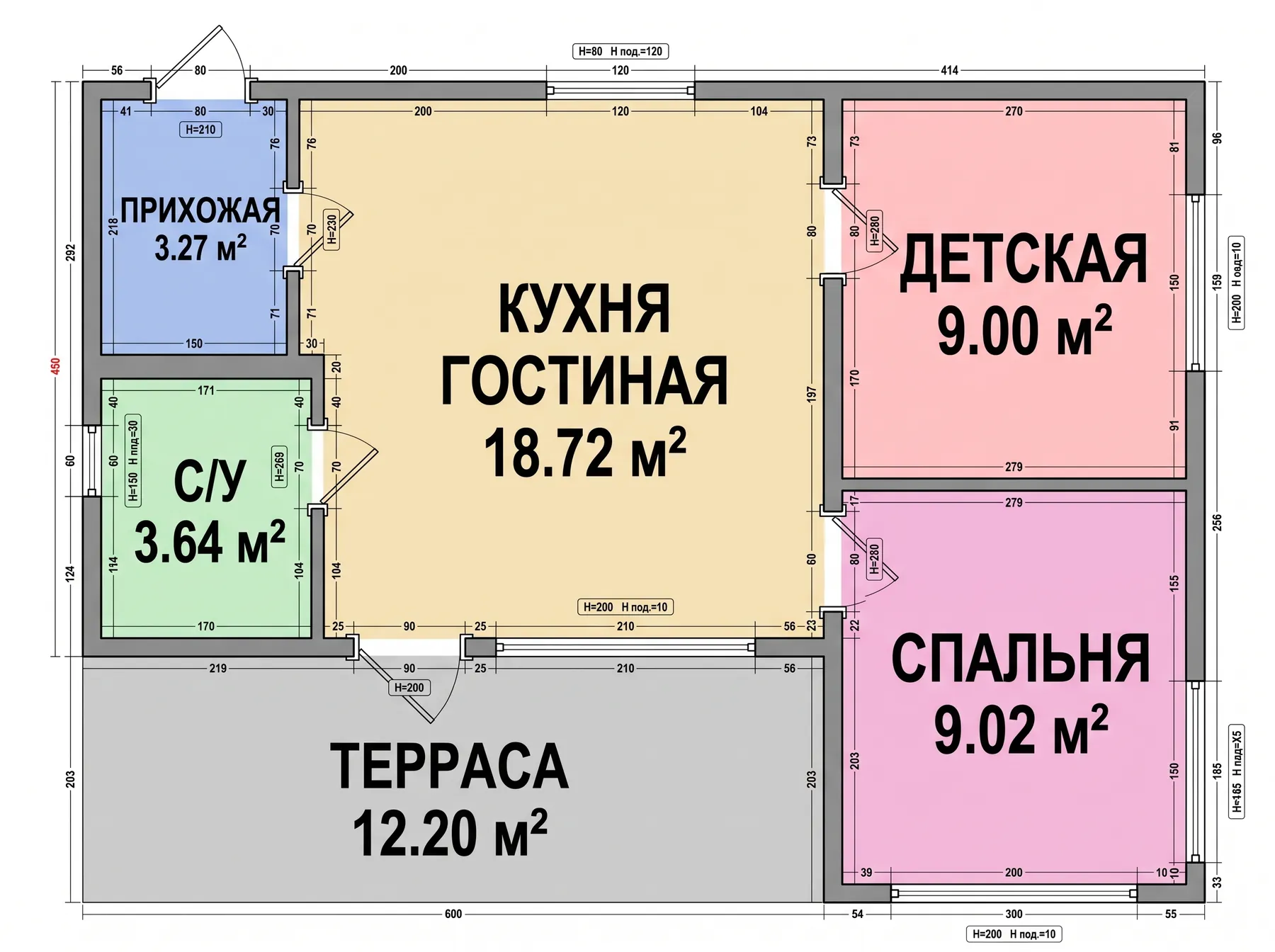 Планировка Честер 56: кухня-гостиная 18,7 м², детская 9 м², спальня 9 м², прихожая 3,3 м², санузел 3,6 м² и терраса 12,2 м²
