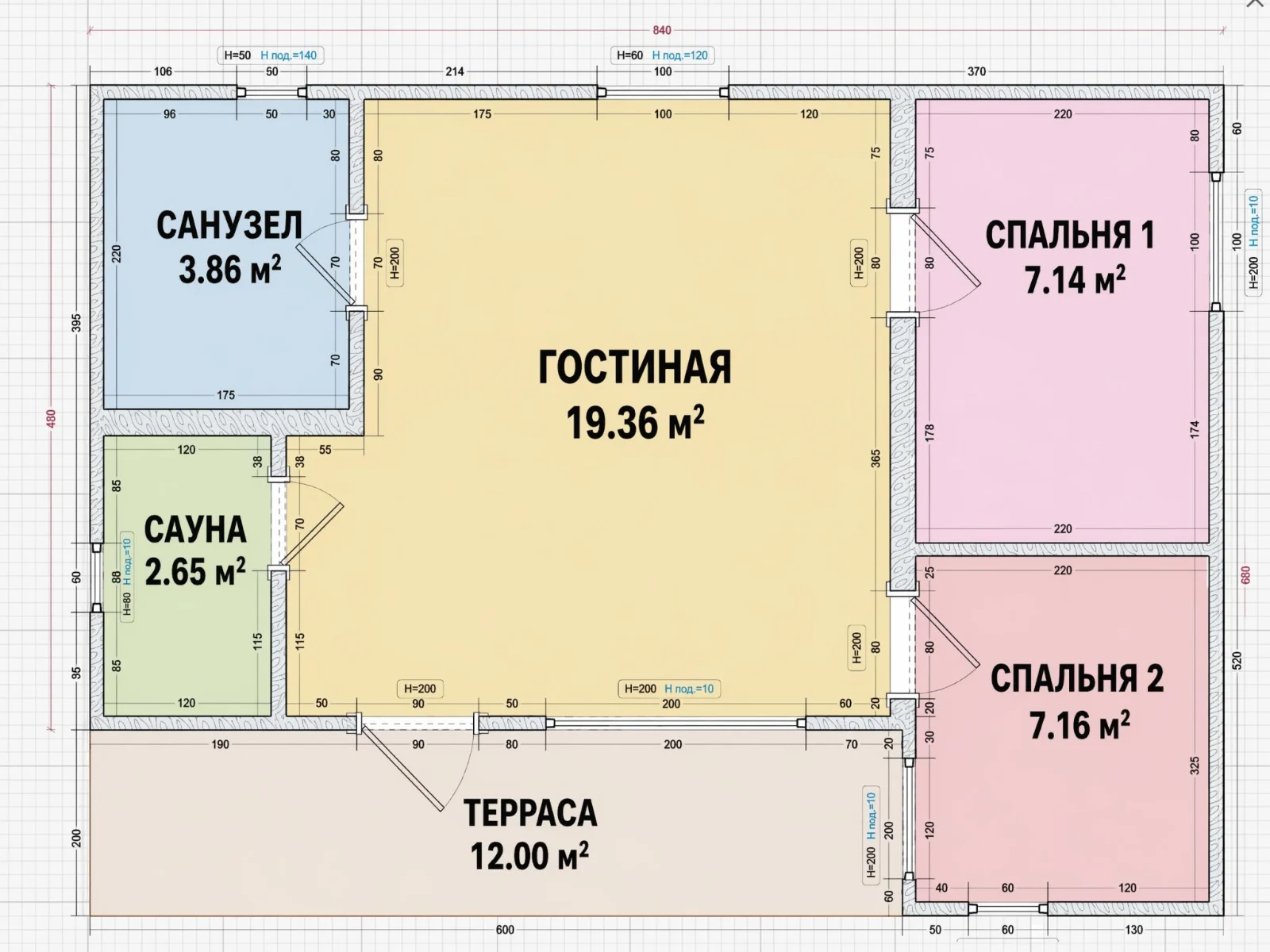 Схема Честер 56 с площадями: гостиная 19,4 м², две спальни, сауна 2,7 м², санузел 3,9 м², терраса 12 м²