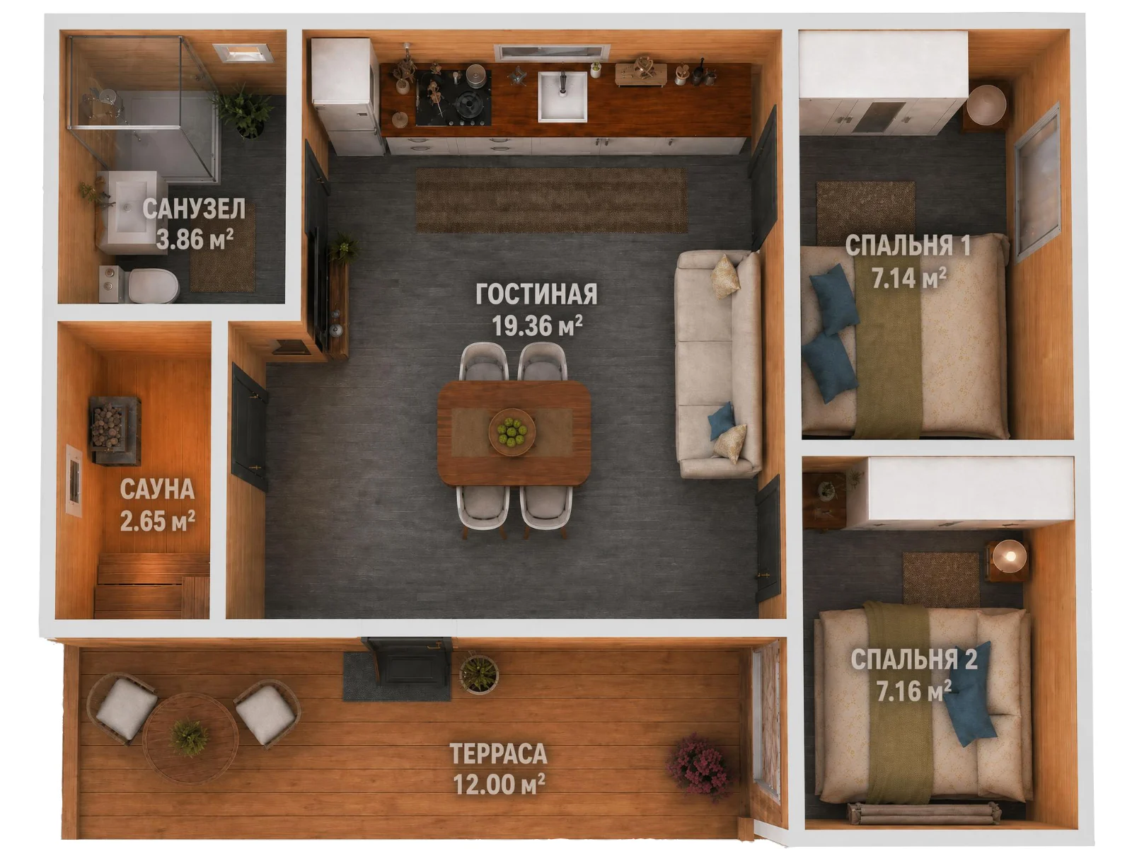 Планировка модульного дома Честер 56: гостиная 19,4 м², две спальни по 7,2 м², сауна 2,7 м², санузел 3,9 м² и терраса 12 м², вид сверху