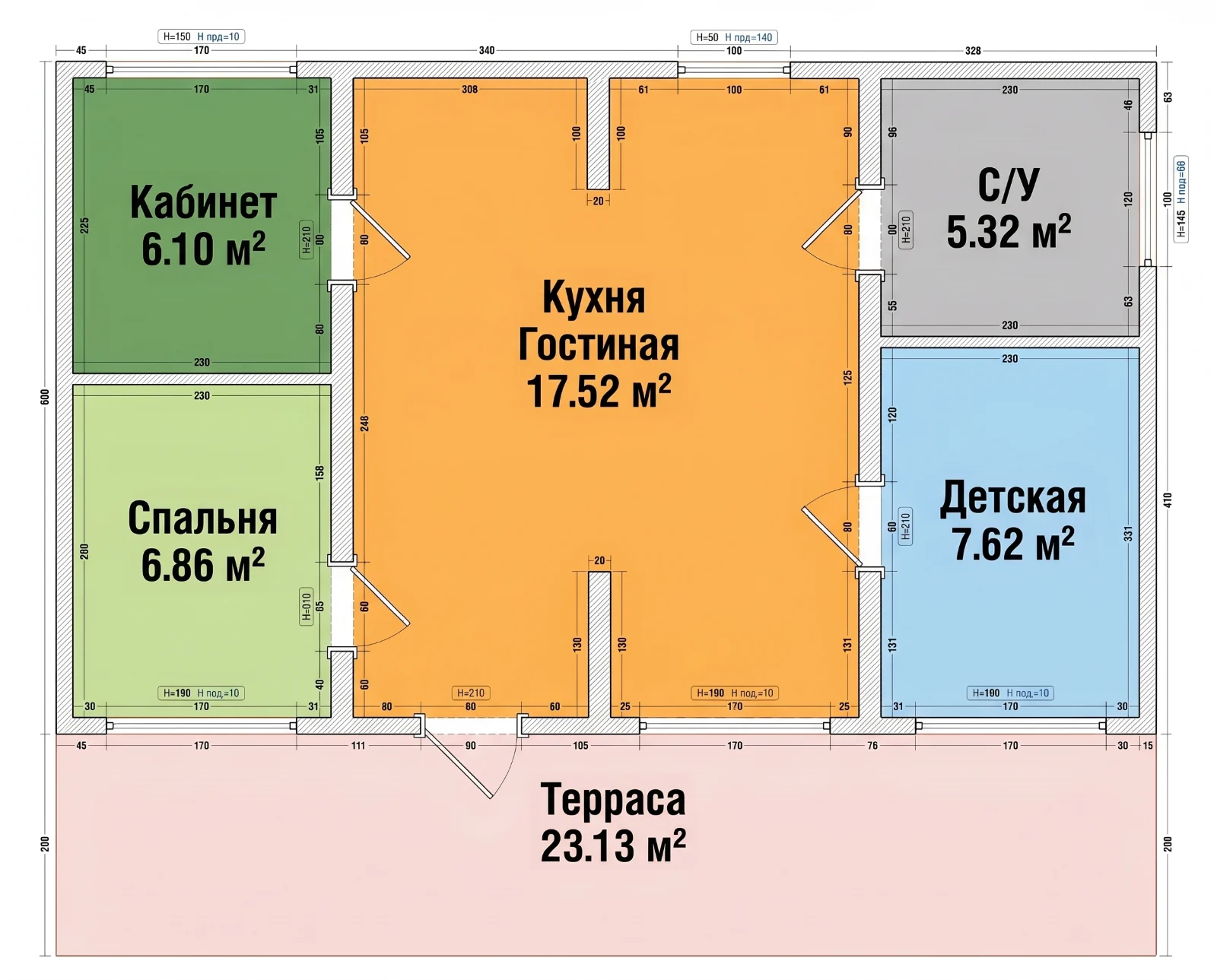 Схема Честер 78 с площадями: кухня-гостиная 17,5 м², спальня, детская, кабинет, санузел 5,3 м², терраса 23,1 м²