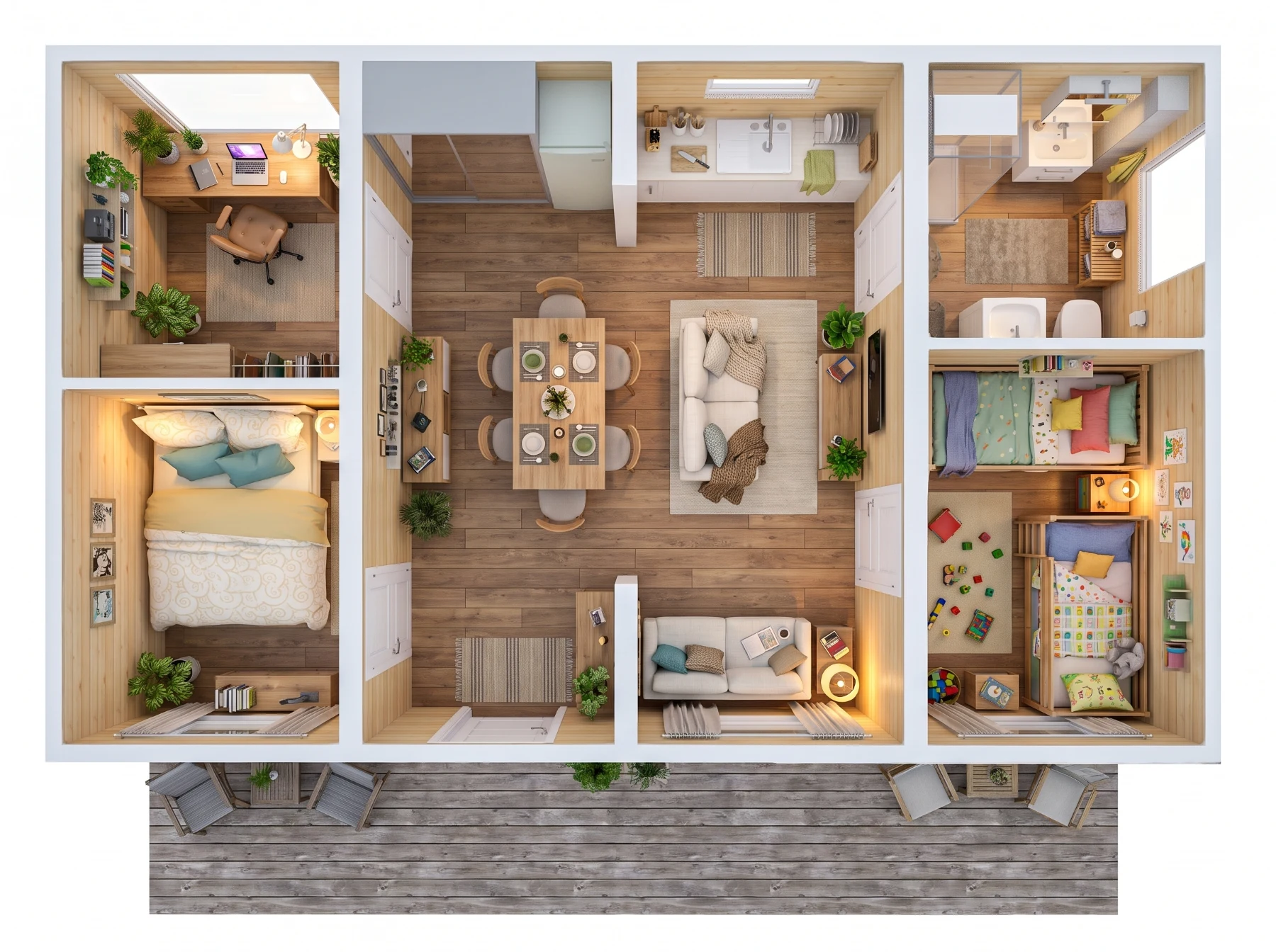 Планировка модульного дома Честер 78: кухня-гостиная 17,5 м², спальня 6,9 м², детская 7,6 м², кабинет 6,1 м², санузел 5,3 м² и терраса 23,1 м², вид сверху