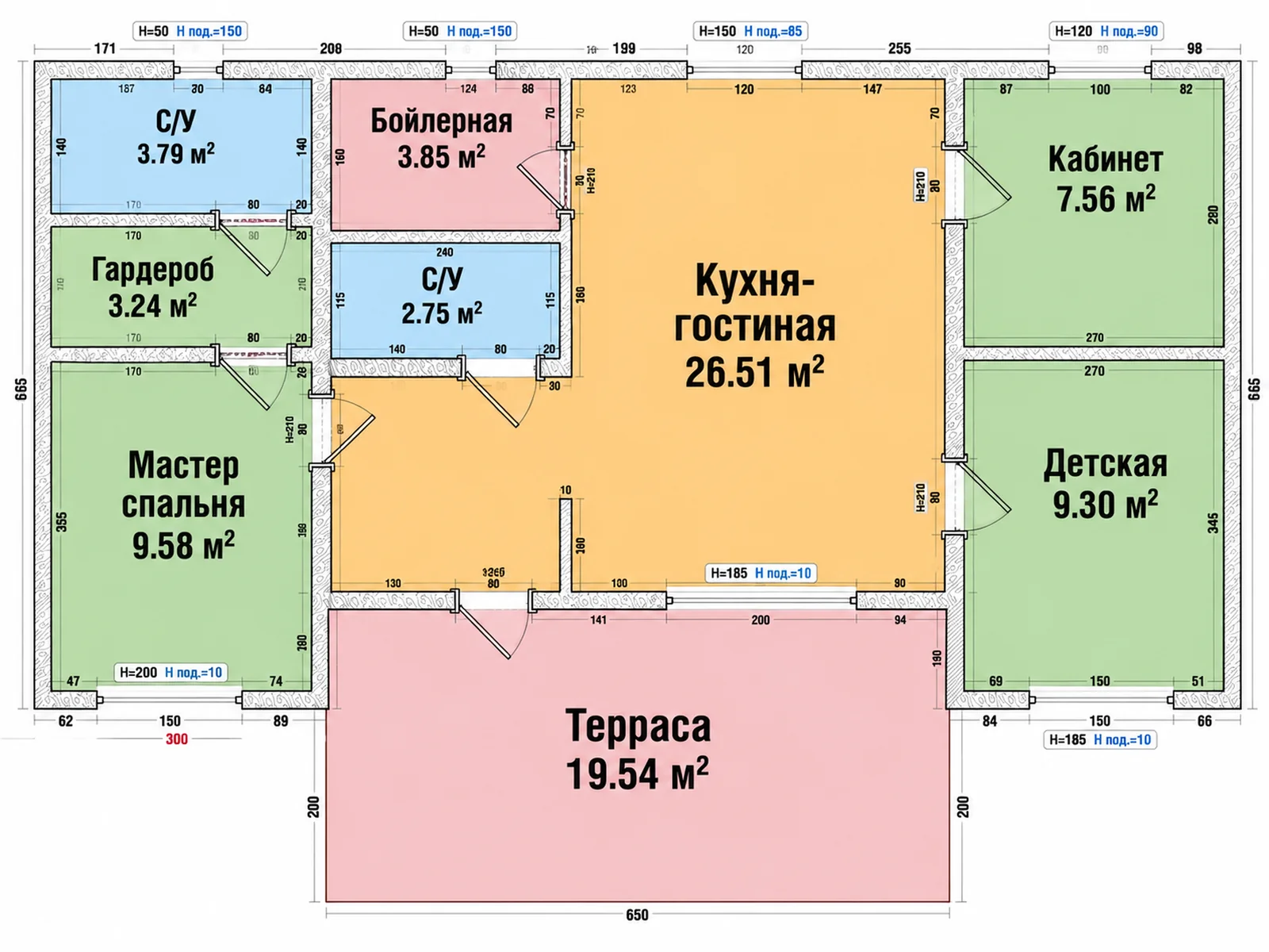 Схема Честер 82 с площадями: кухня-гостиная 26,5 м², мастер-спальня 9,6 м², детская 9,3 м², кабинет 7,6 м², 2 санузла, терраса 19,5 м²
