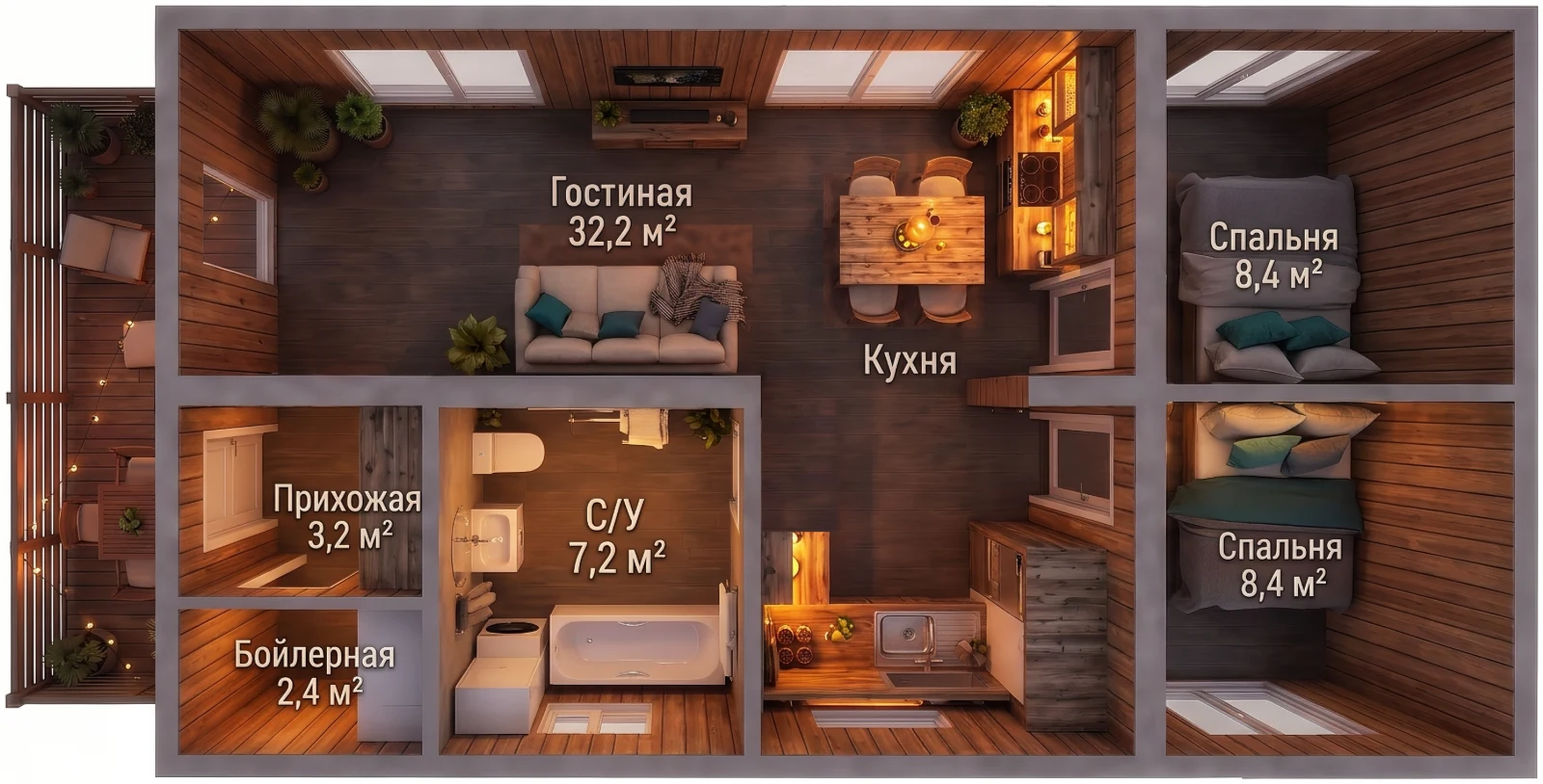 Планировка модульного дома Честер 89: кухня-гостиная 32,2 м², две спальни по 8,4 м², санузел 7,2 м², прихожая, бойлерная и терраса, вид сверху
