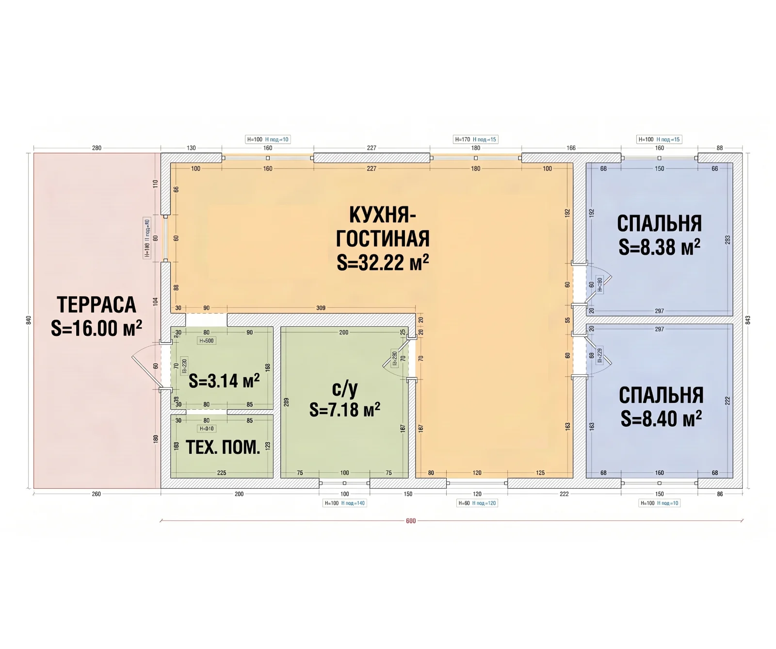 Схема Честер 89 с площадями: кухня-гостиная 32,2 м², две спальни, санузел 7,2 м², техпомещение, терраса 16 м²