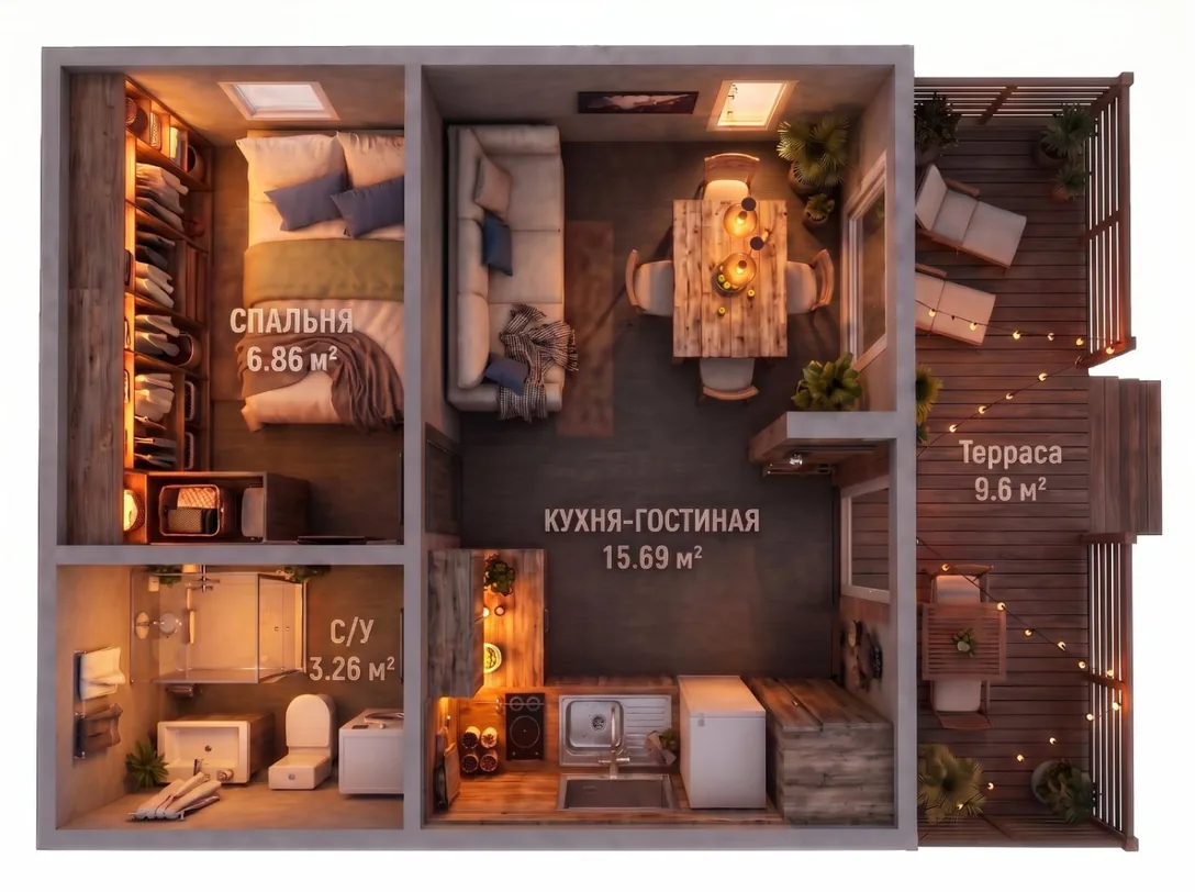 3D-планировка модульного дома Честер 40 с террасой, вид сверху